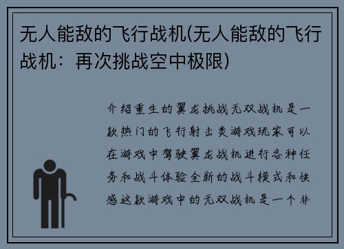 无人能敌的飞行战机(无人能敌的飞行战机：再次挑战空中极限)